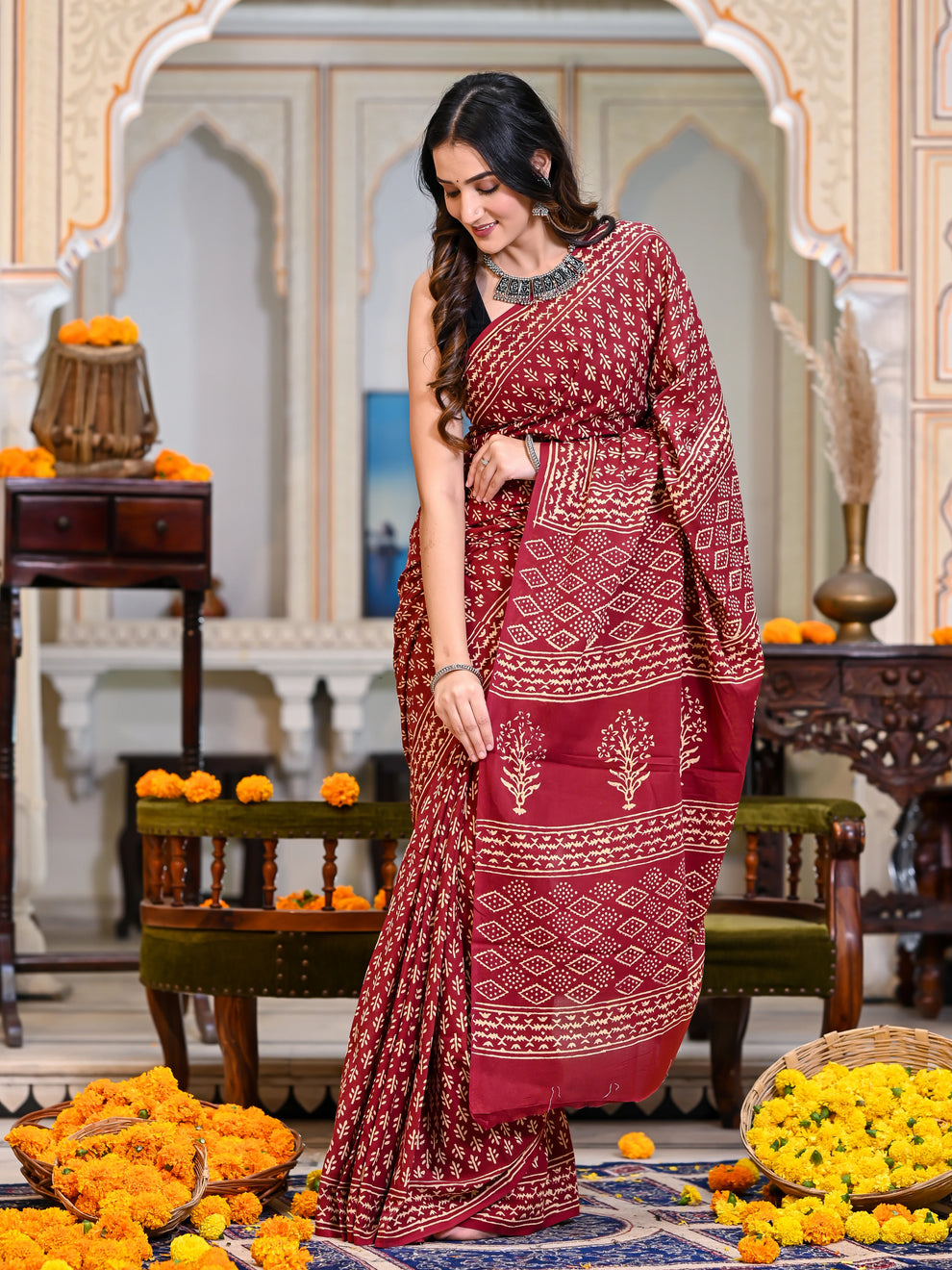 One Minute Ready To Wear Ethnic Motifs Pure Cotton Bagru Saree