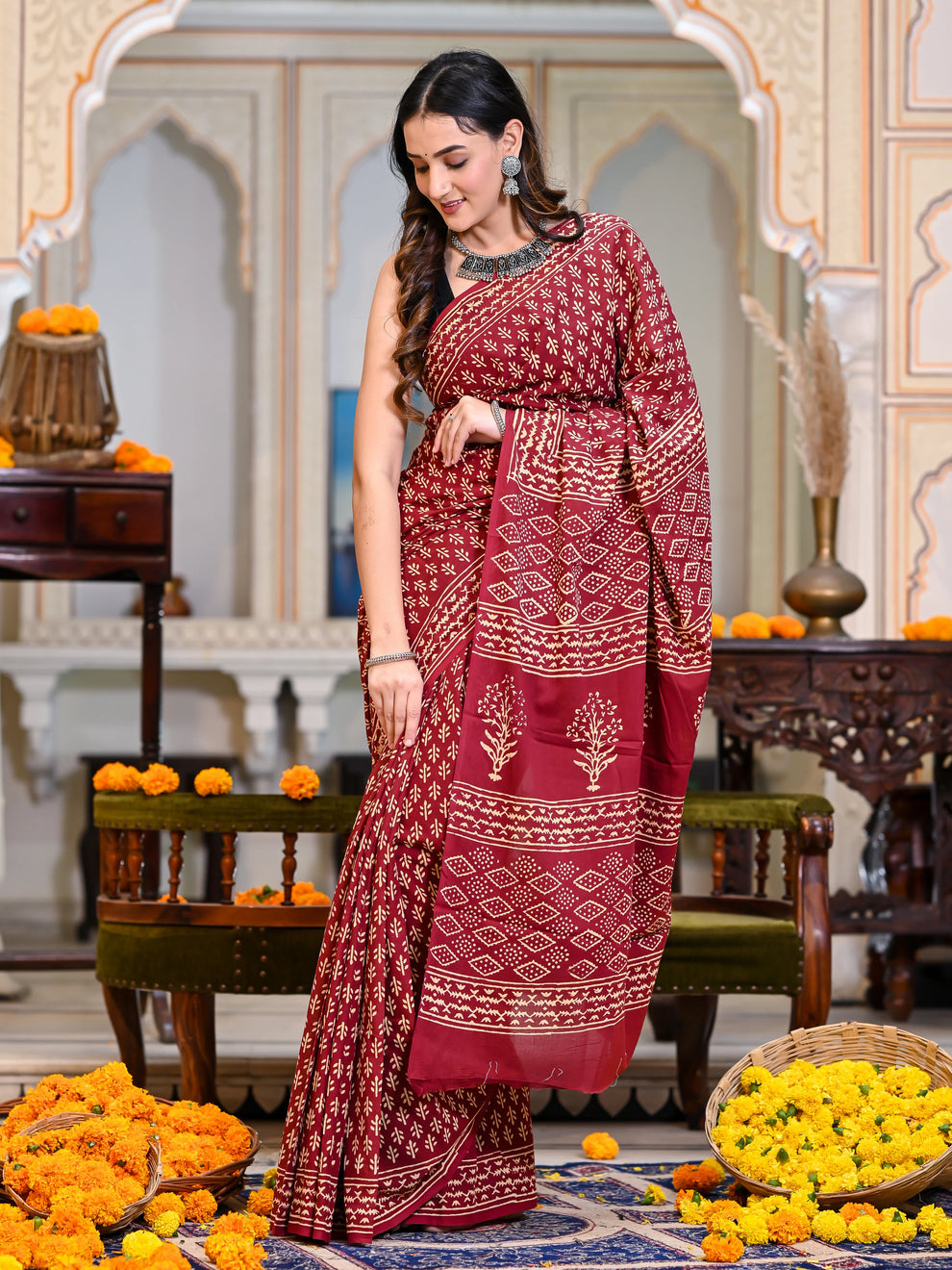 One Minute Ready To Wear Ethnic Motifs Pure Cotton Bagru Saree