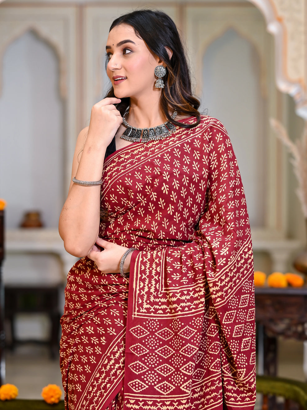 One Minute Ready To Wear Ethnic Motifs Pure Cotton Bagru Saree