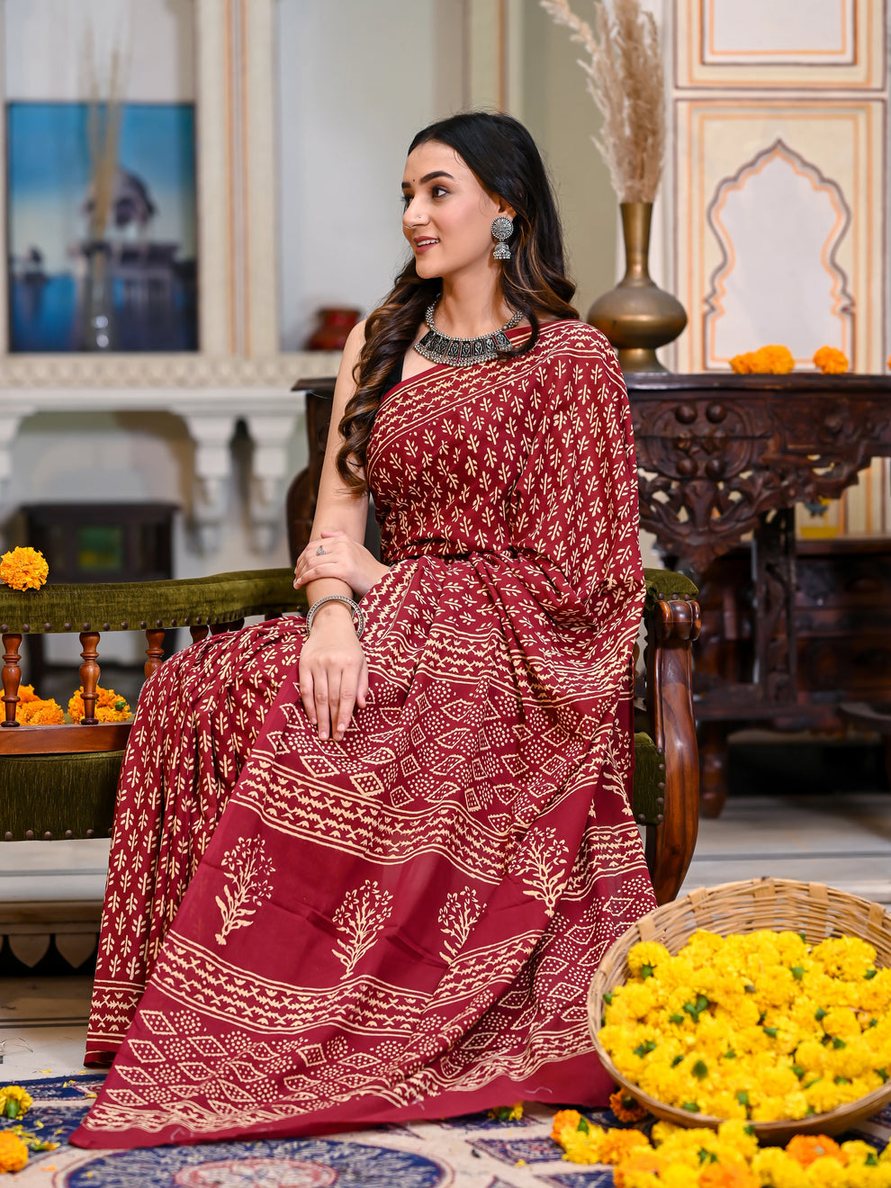One Minute Ready To Wear Ethnic Motifs Pure Cotton Bagru Saree