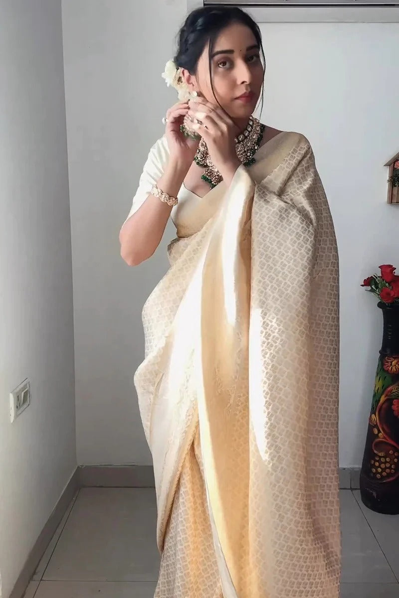 One Minute Ready To Wear Cream Pure Banarasi Silk Saree