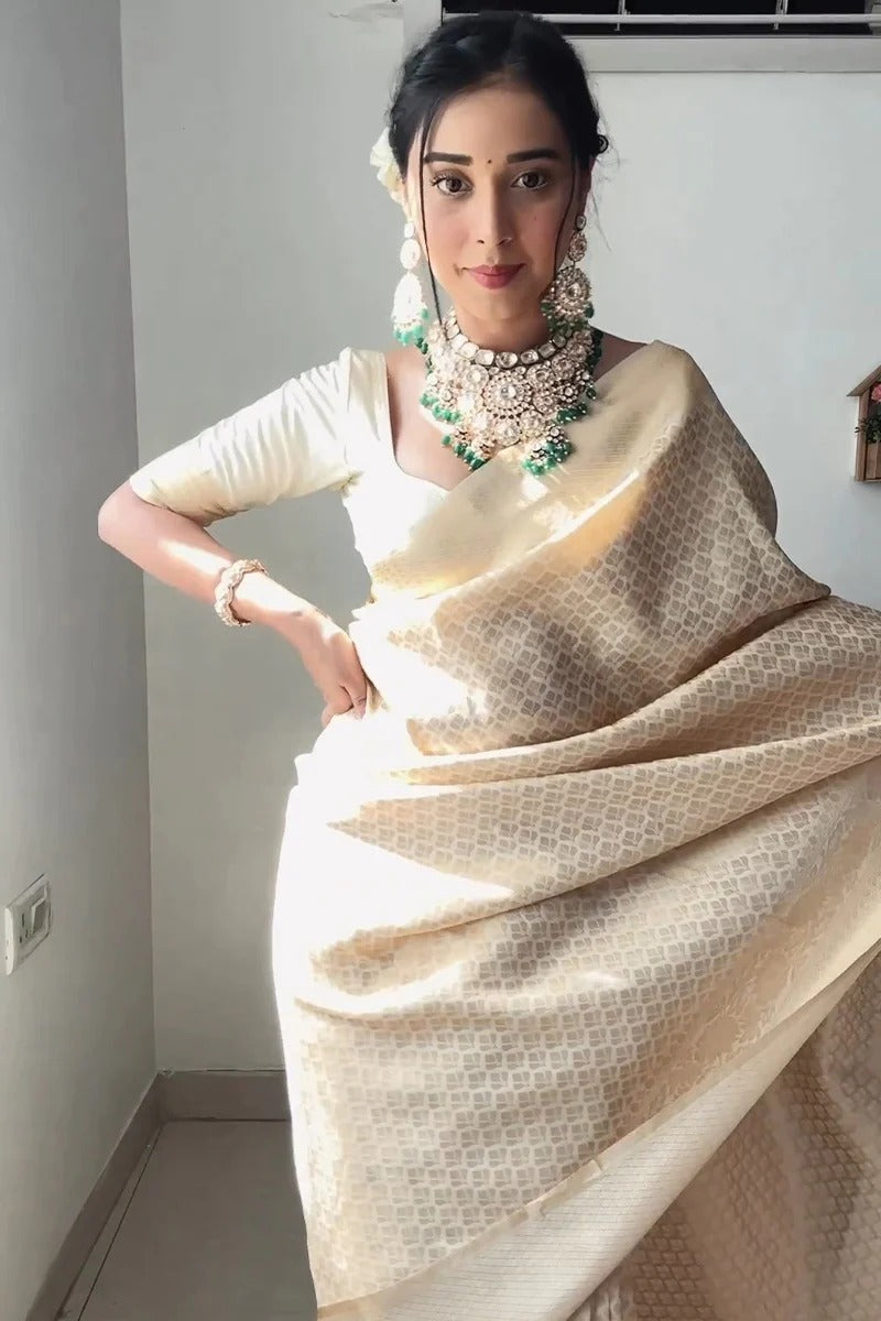 One Minute Ready To Wear Cream Pure Banarasi Silk Saree