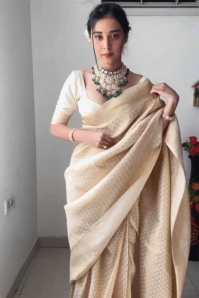 One Minute Ready To Wear Cream Pure Banarasi Silk Saree