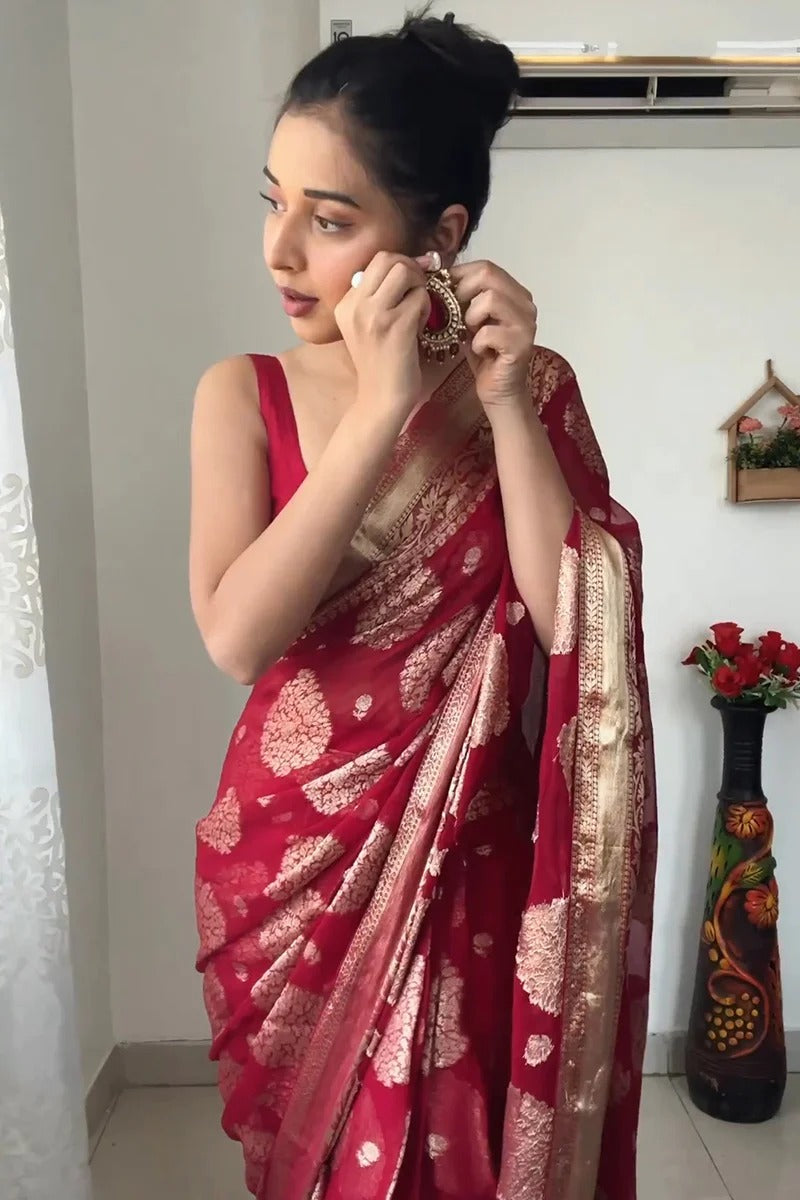 One Minute Ready To Wear Majestic Weave Red Cultural  Saree