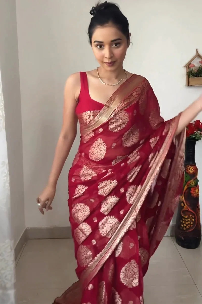 One Minute Ready To Wear Majestic Weave Red Cultural  Saree