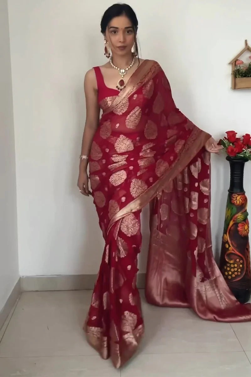 One Minute Ready To Wear Majestic Weave Red Cultural  Saree