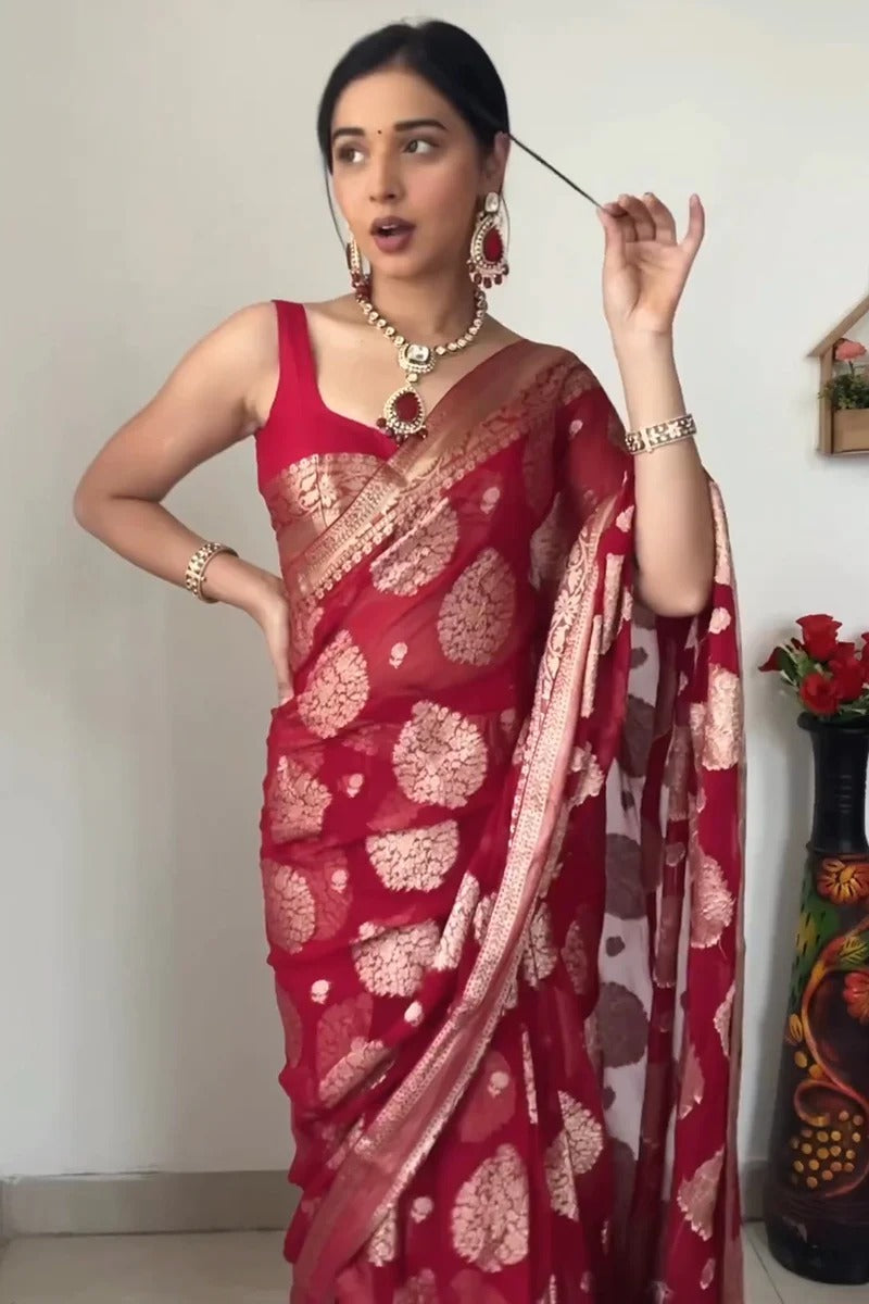 One Minute Ready To Wear Majestic Weave Red Cultural  Saree