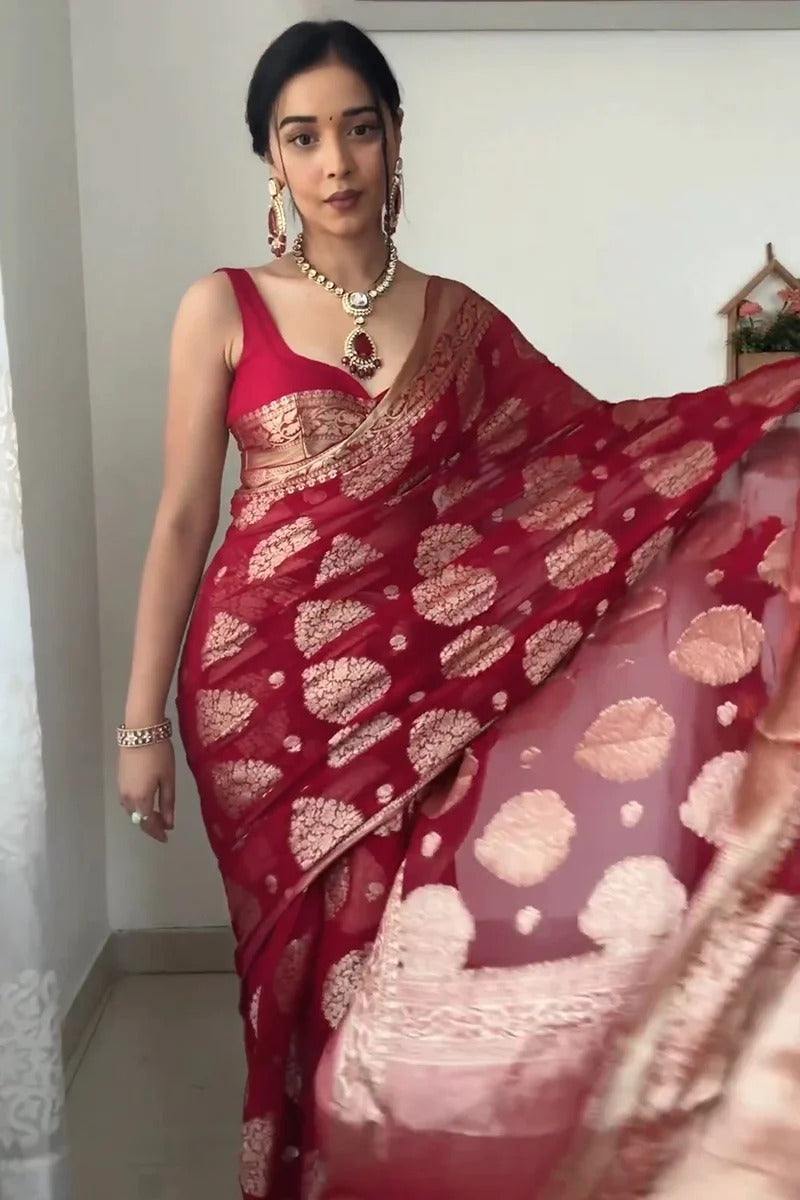 One Minute Ready To Wear Majestic Weave Red Cultural  Saree