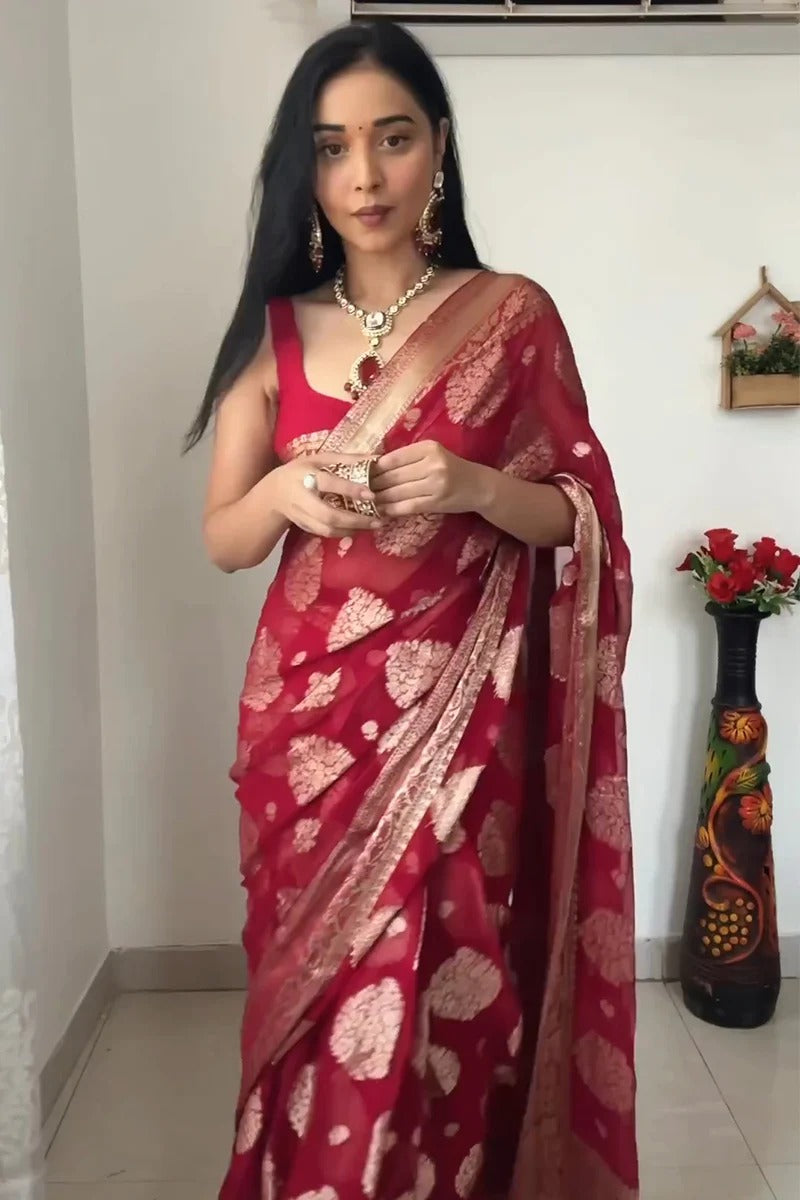 One Minute Ready To Wear Majestic Weave Red Cultural  Saree