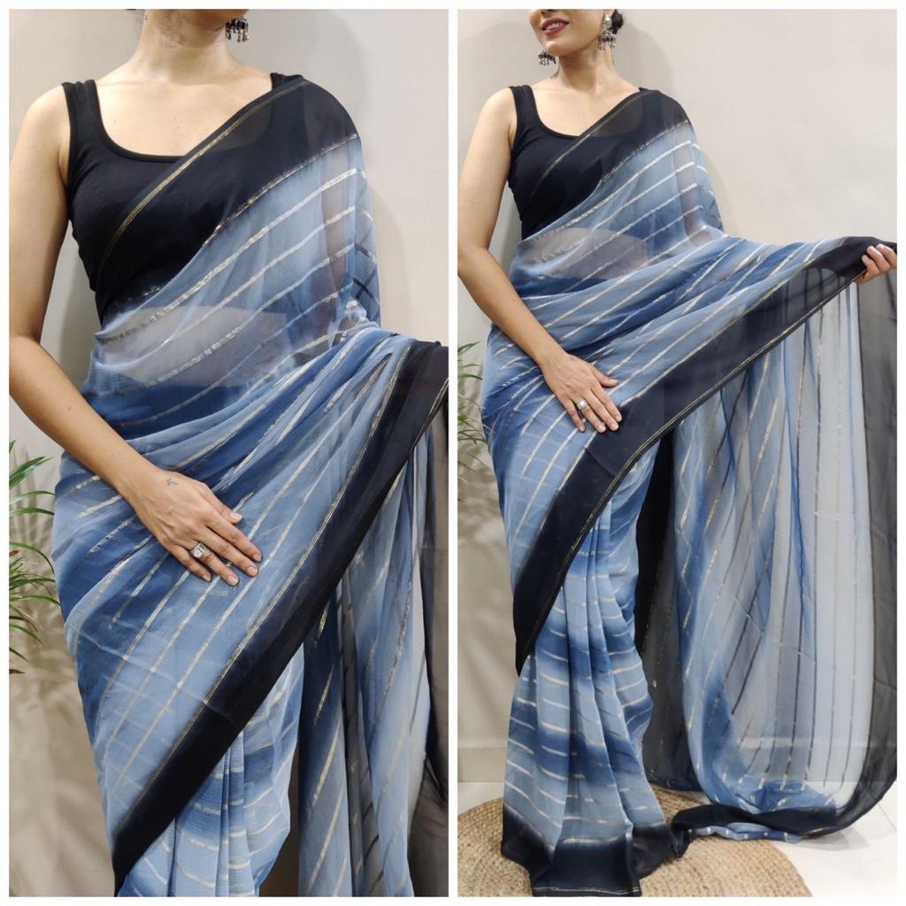 One Minute Ready To Wear Dark Blue Pure Soft Georgette With Satin Zari Patta Saree