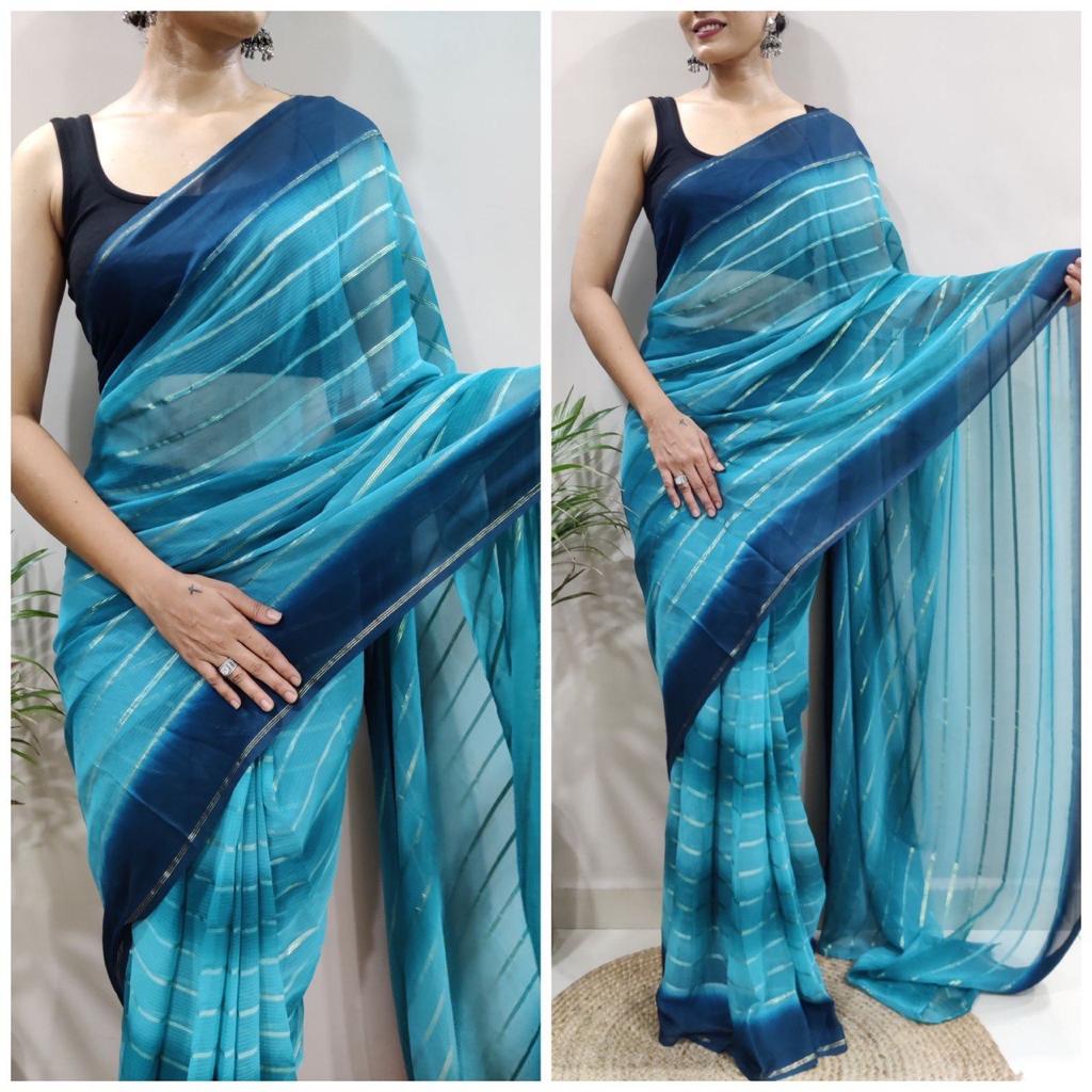One Minute Ready To Wear Blue Pure Soft Georgette With Satin Zari Patta Saree
