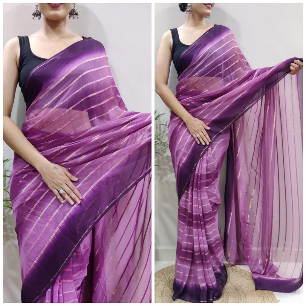 One Minute Ready To Wear Purple Pure Soft Georgette With Satin Zari Patta Saree