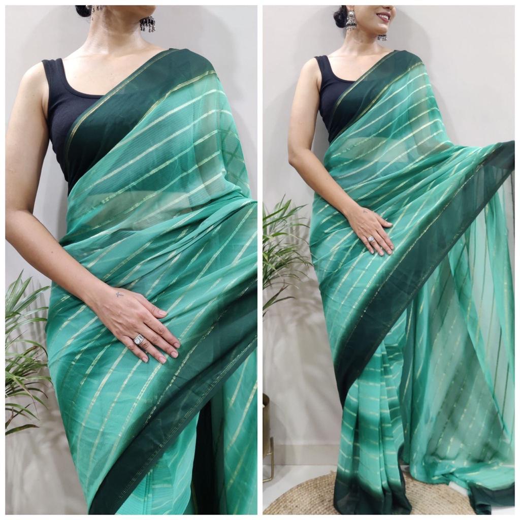 One Minute Ready To Wear Green Pure Soft Georgette With Satin Zari Patta Saree