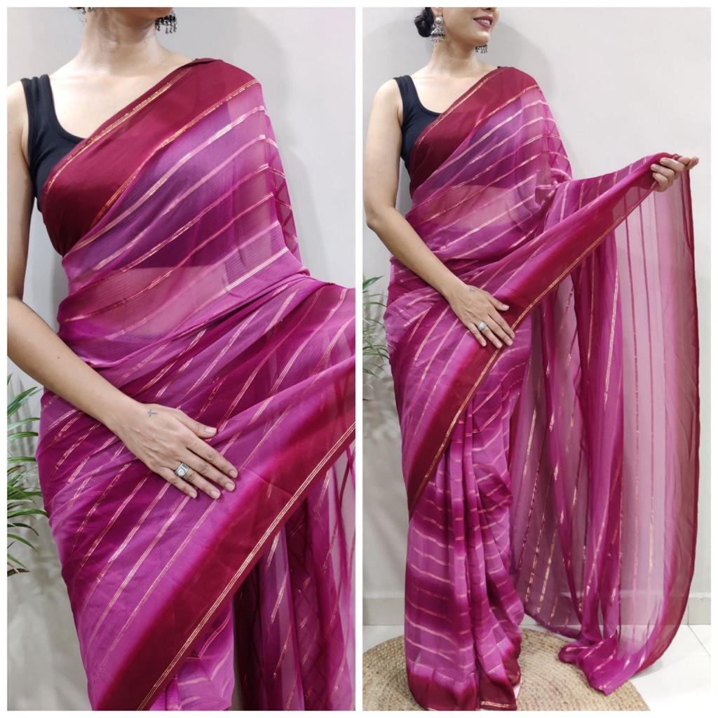 One Minute Ready To Wear Pink Pure Soft Georgette With Satin Zari Patta Saree