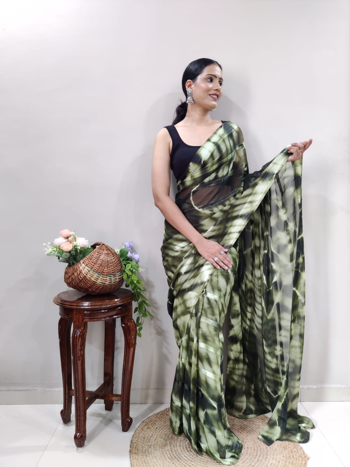 One Minute Ready To Wear Mystic  Green Enchanted Saree