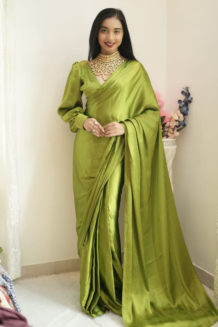 One Minute Ready To Wear Green Long Sleeves Elegant Party Wear Saree