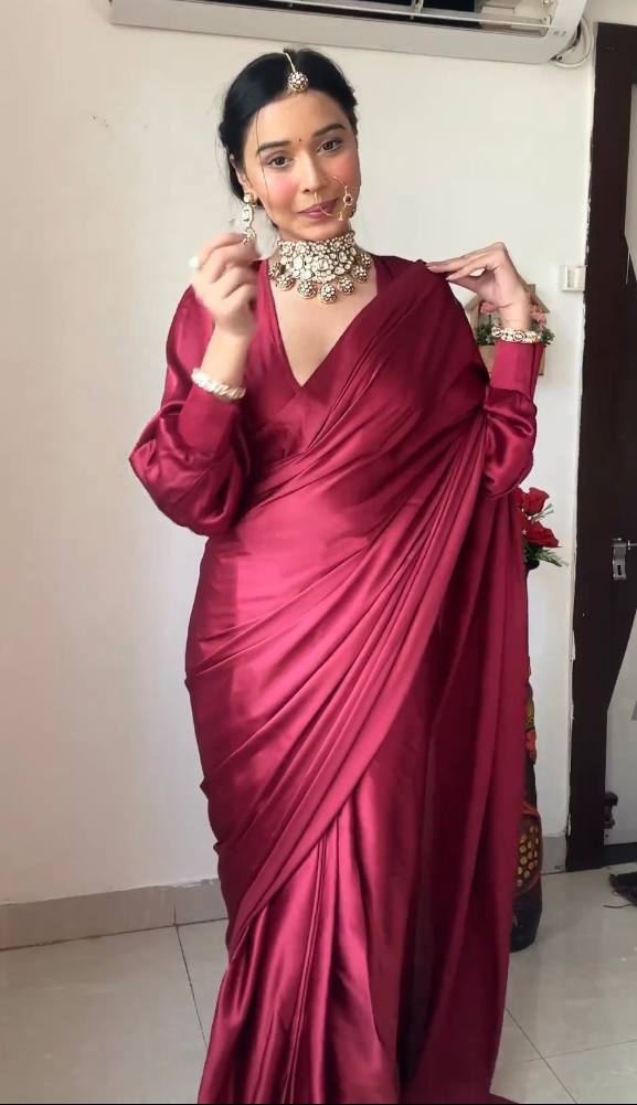 One Minute Ready To Wear Pink Long Sleeves Elegant Party Wear Saree