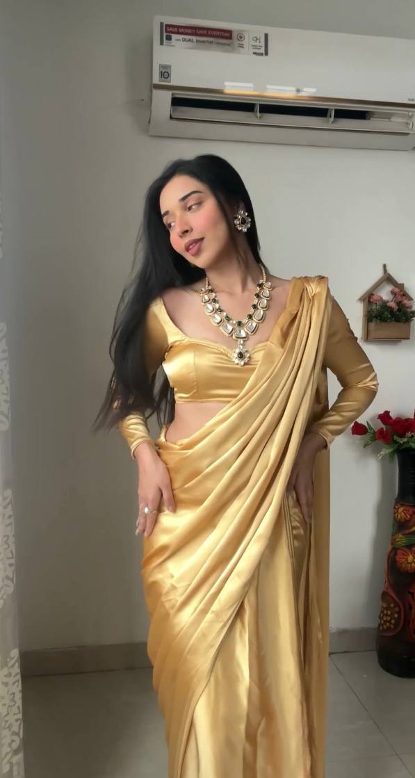 One Minute Ready To Wear Chiku Long Sleeves Elegant Party Wear Saree