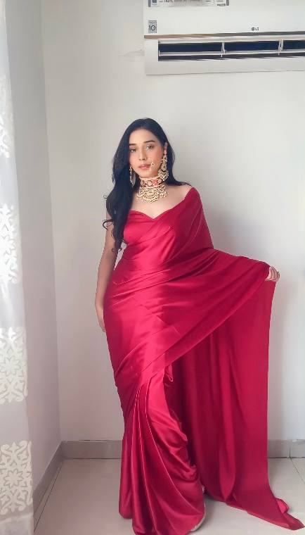 One Minute Ready To Wear Red Long Sleeves Elegant Party Wear Saree