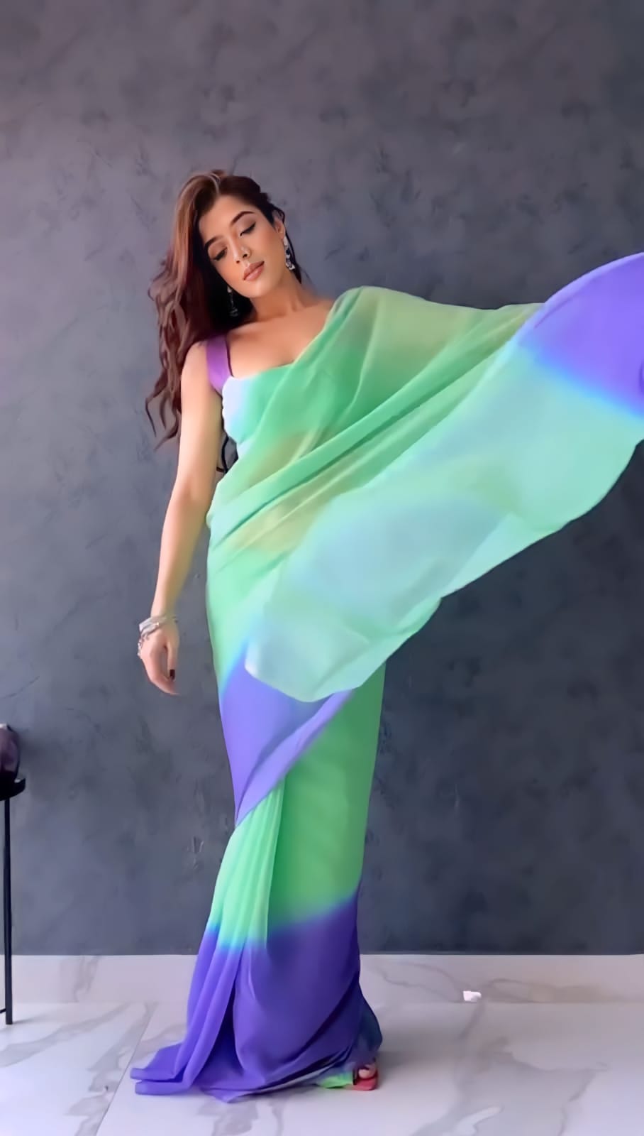 One Minute Ready To Wear Green and Purple Ensemble Saree