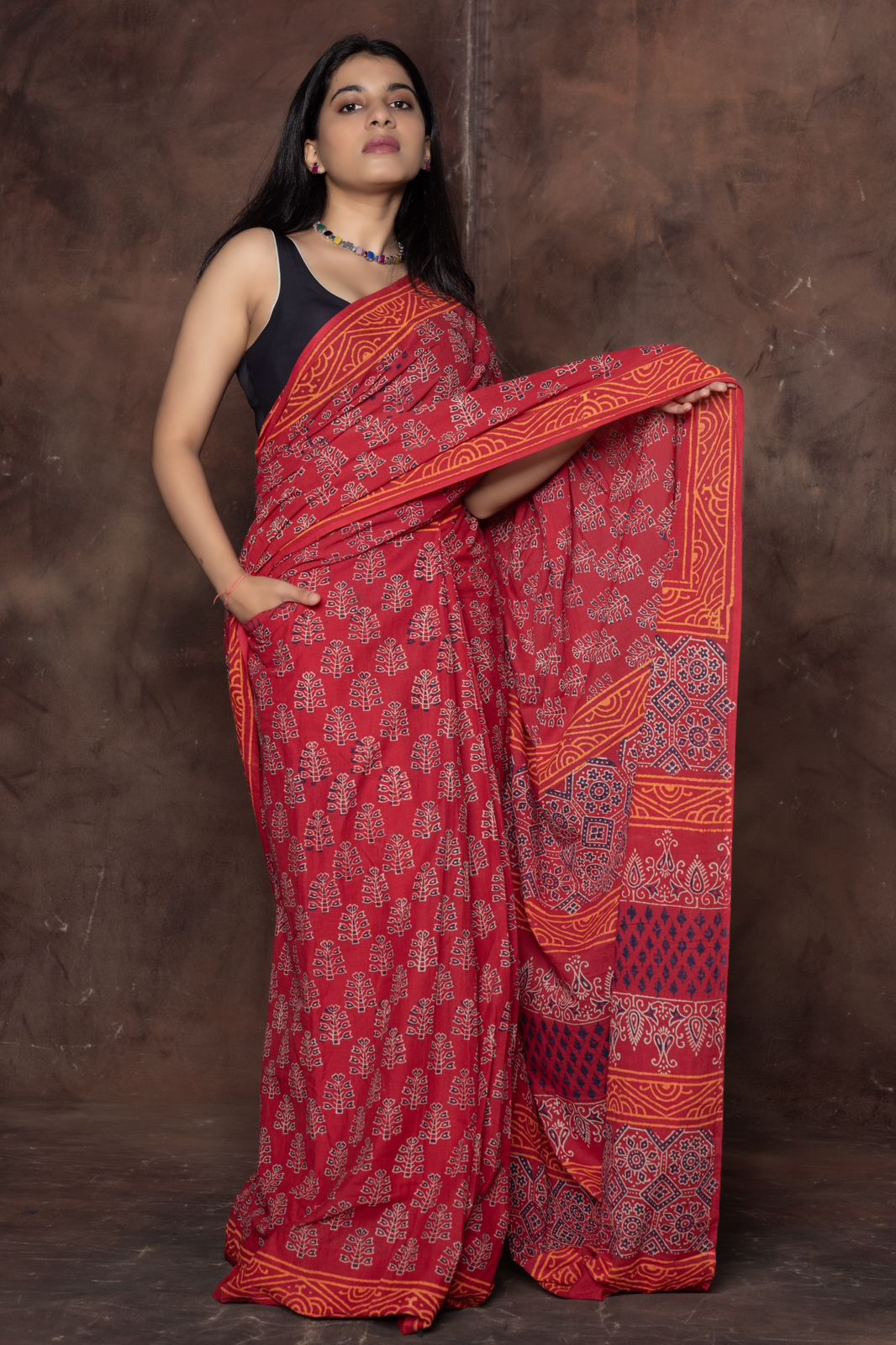 One Minute Ready To Wear Red Color Mulmul Cotton With Pocket Saree