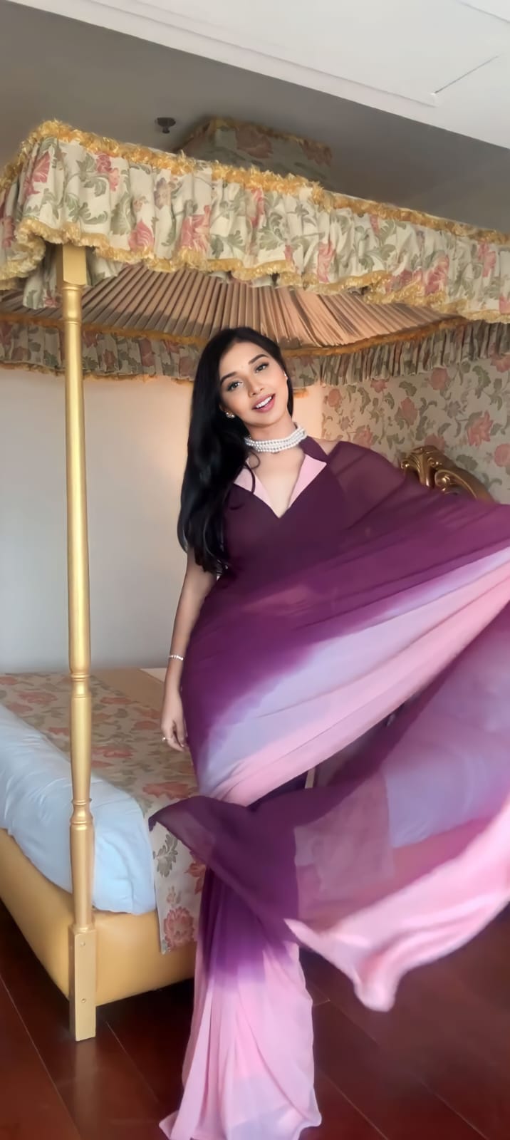 One Minute Ready To Wear Luxe Drapery Purple and White Elegance Saree