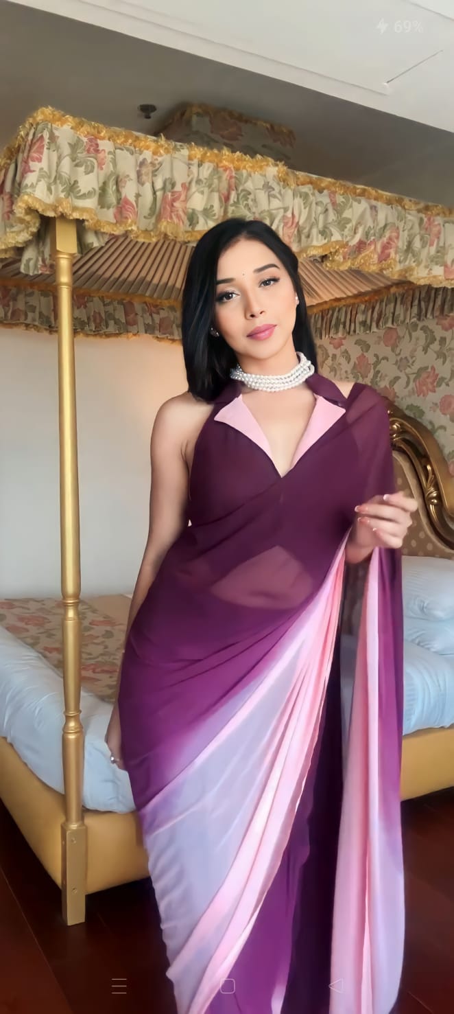 One Minute Ready To Wear Luxe Drapery Purple and White Elegance Saree