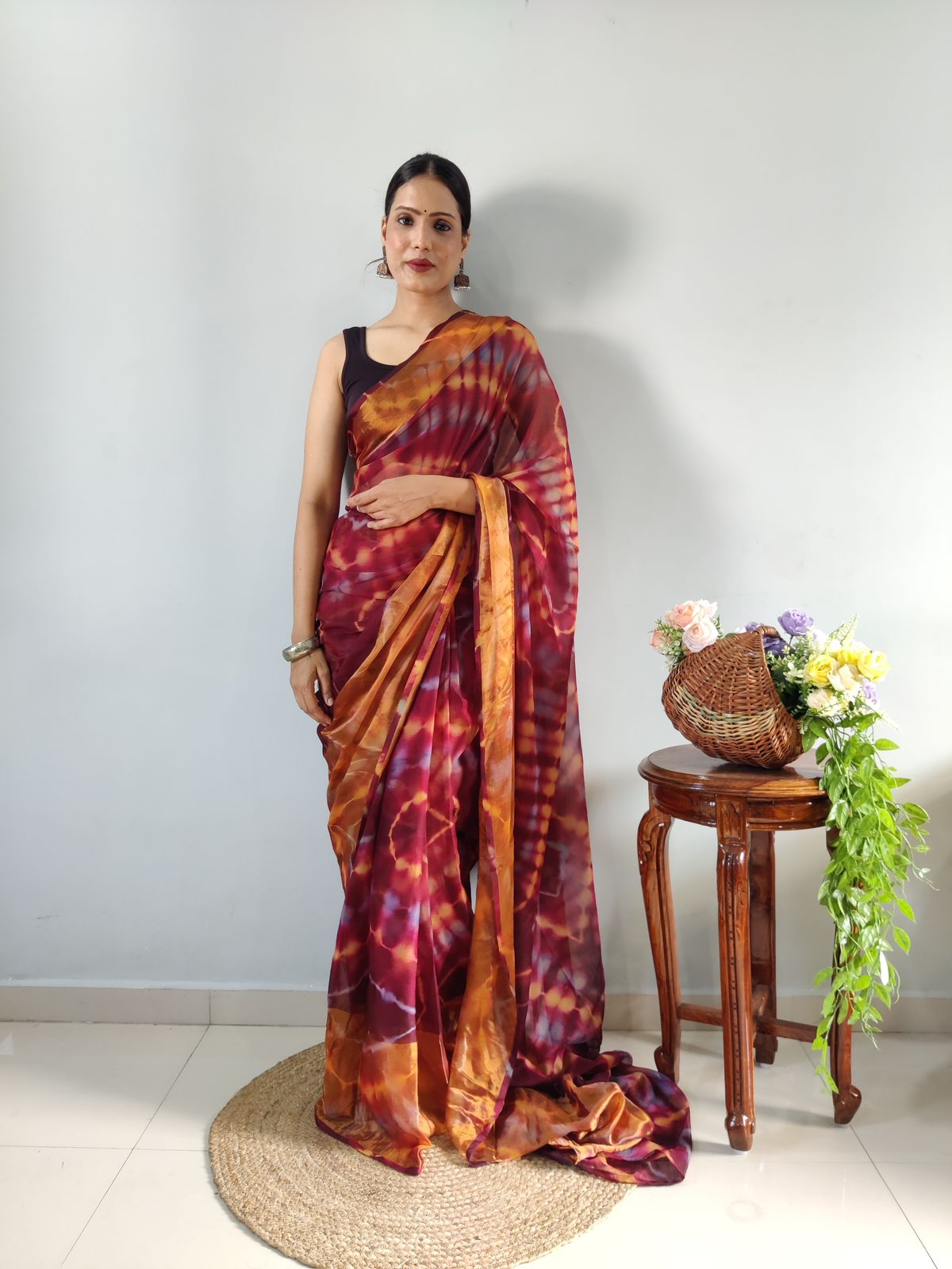 One Minute Ready To Wear Maroon Printed Saree