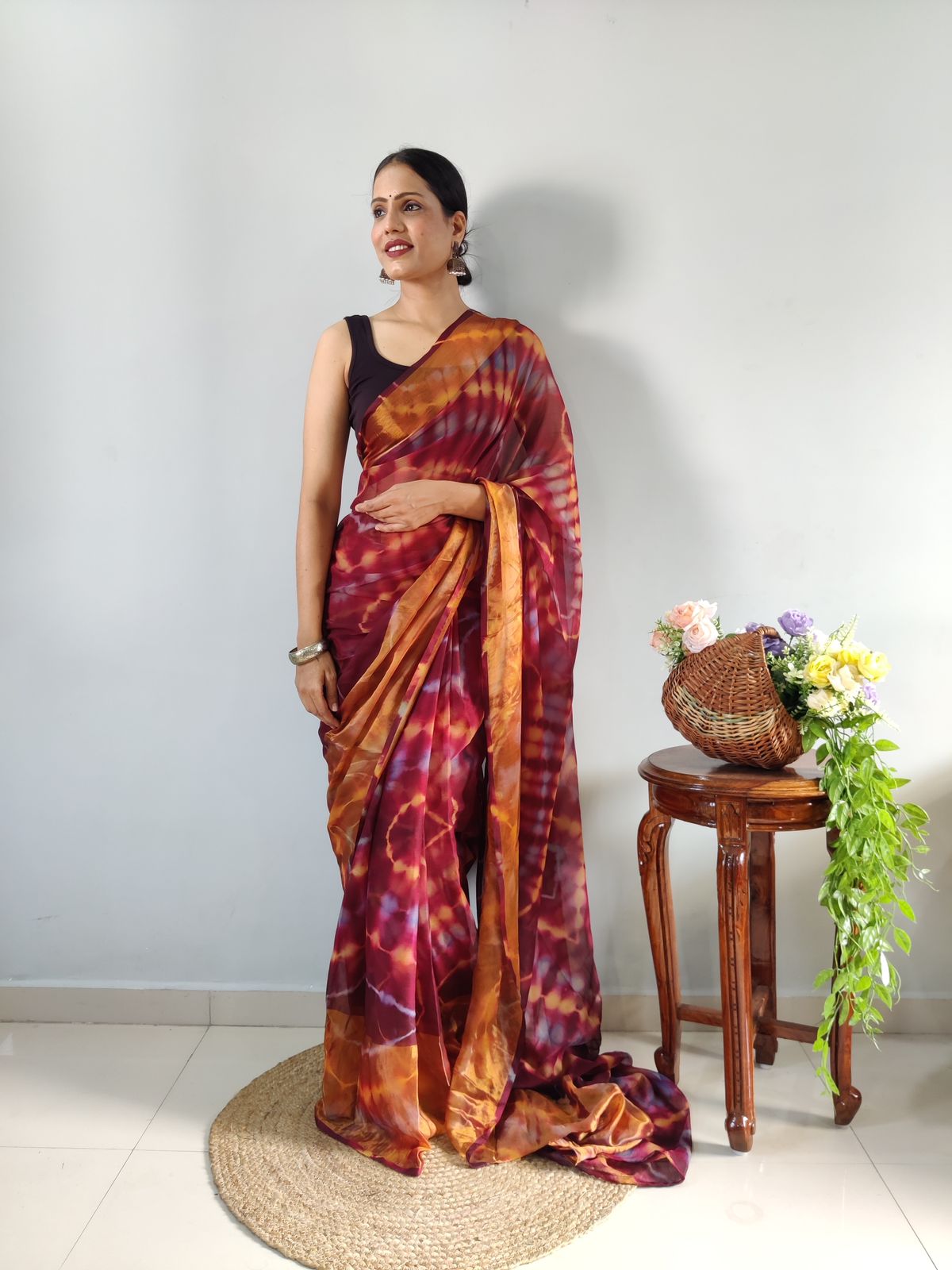 One Minute Ready To Wear Maroon Printed Saree