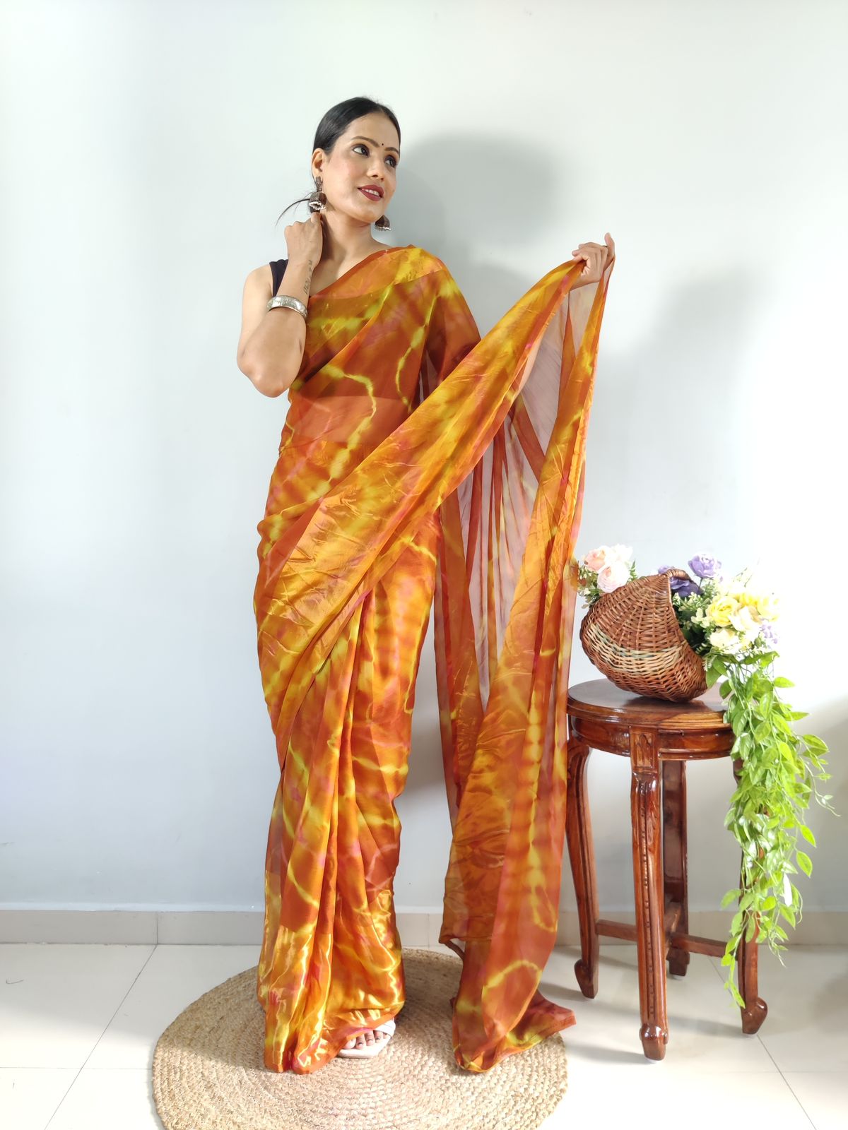One Minute Ready To Wear Yellow Printed Saree