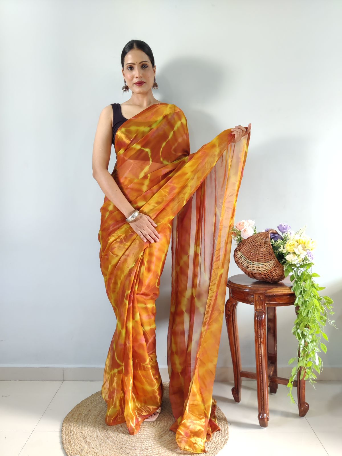One Minute Ready To Wear Yellow Printed Saree