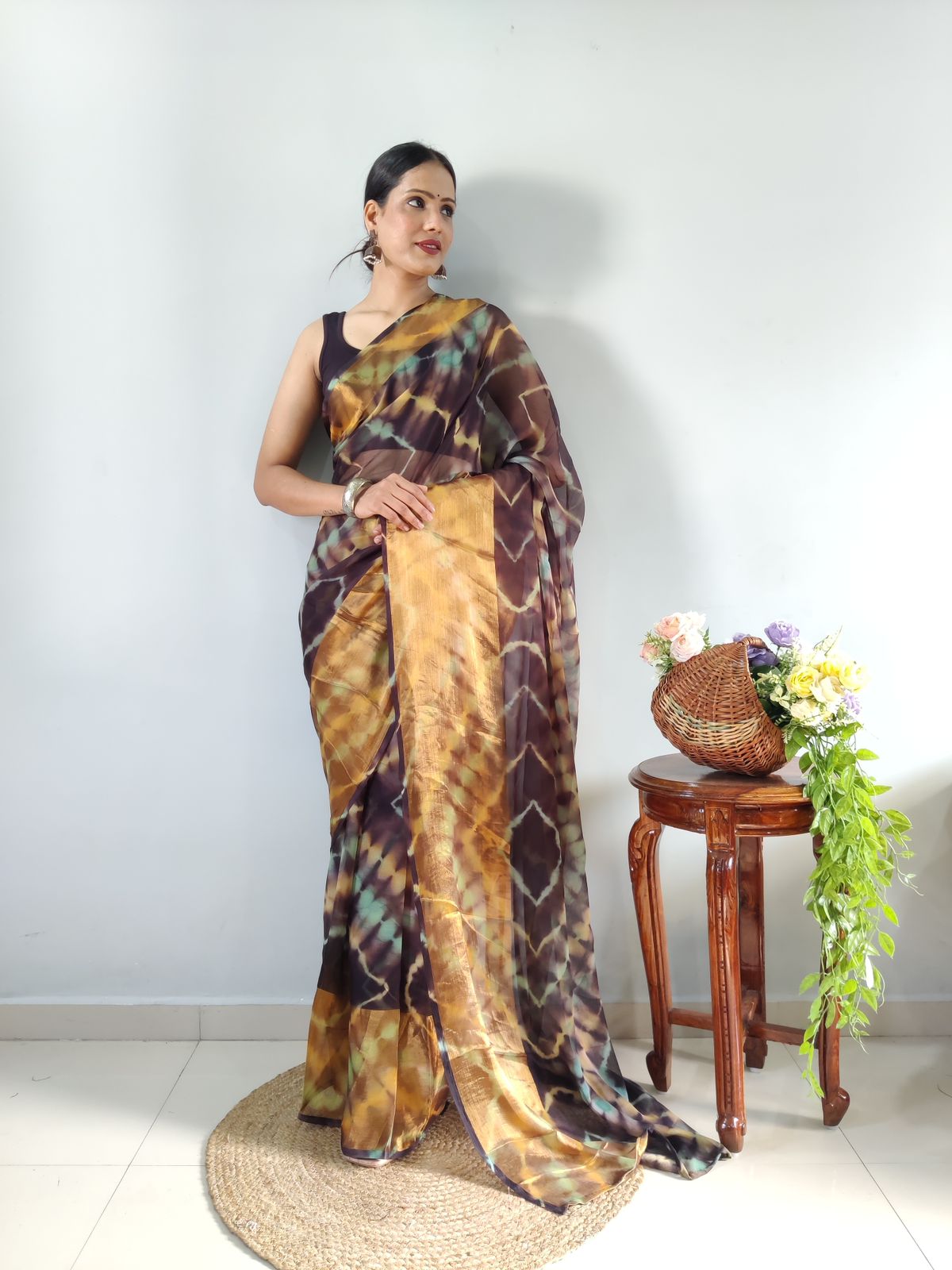 One Minute Ready To Wear Brown with Yellow Printed Saree