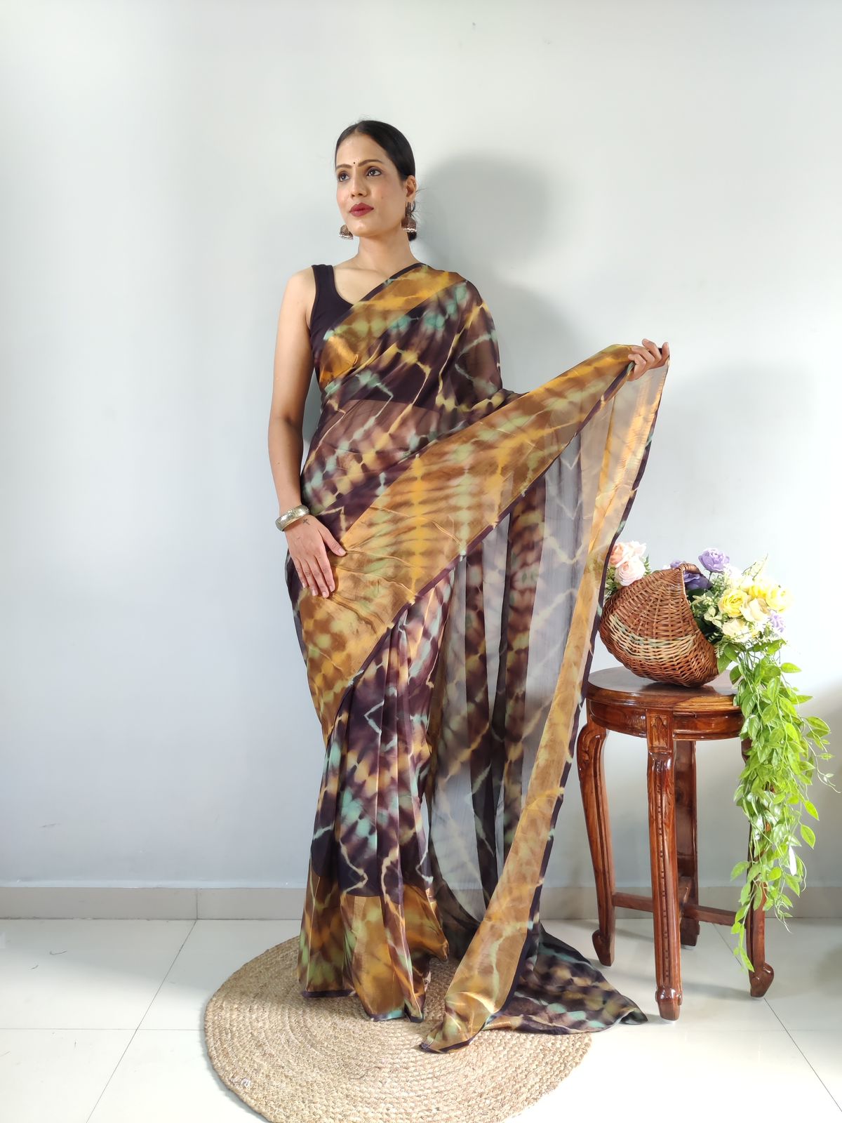 One Minute Ready To Wear Brown with Yellow Printed Saree