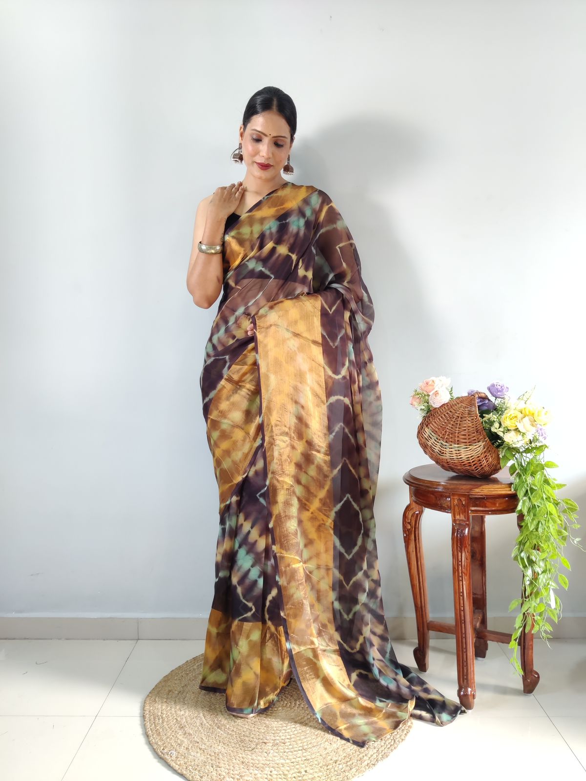 One Minute Ready To Wear Brown with Yellow Printed Saree