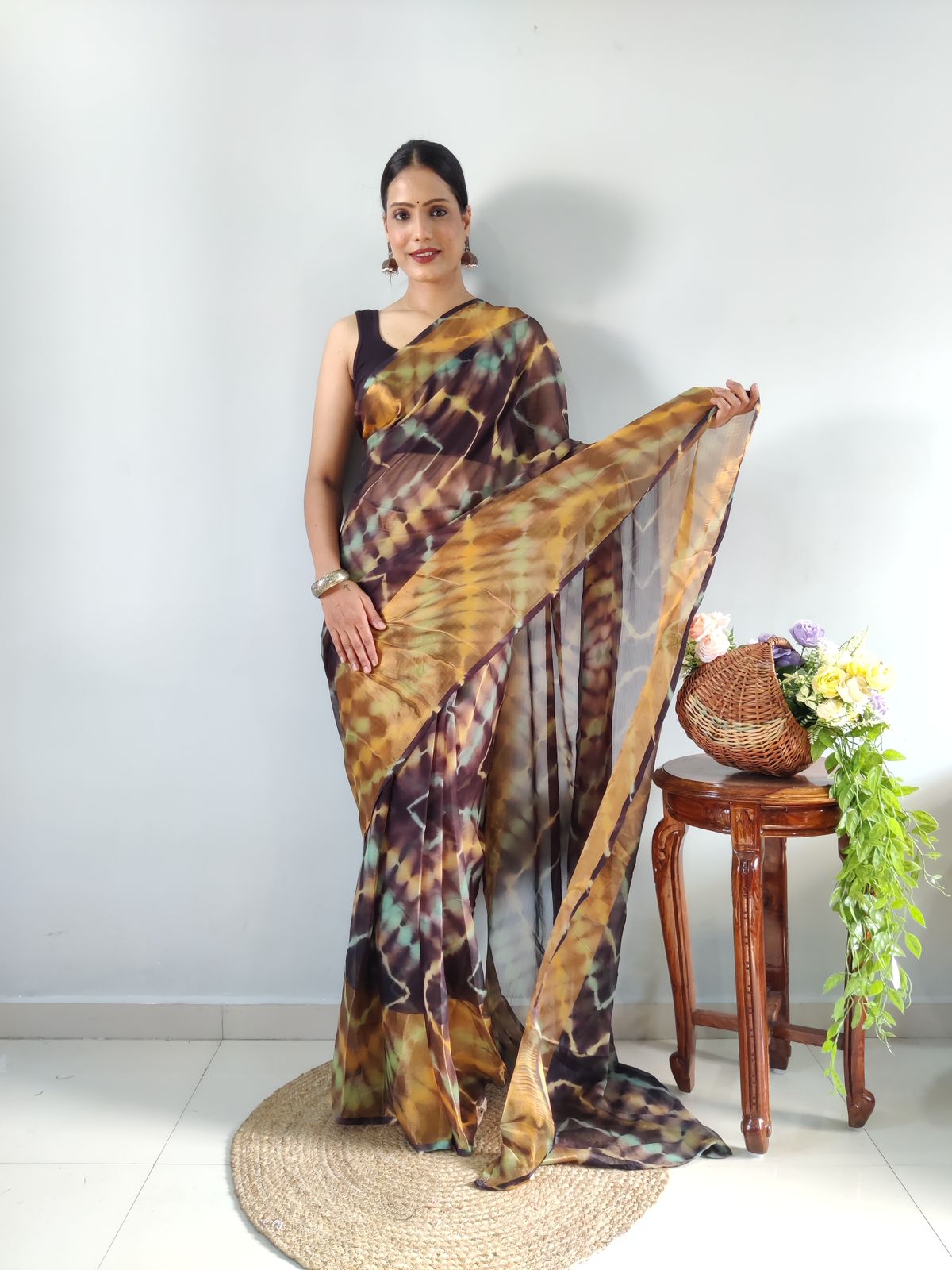 One Minute Ready To Wear Brown with Yellow Printed Saree