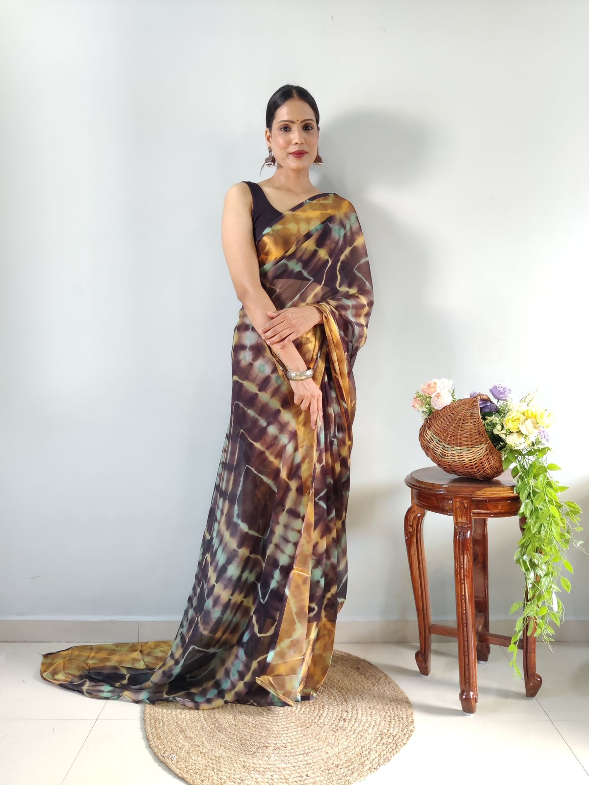 One Minute Ready To Wear Brown with Yellow Printed Saree