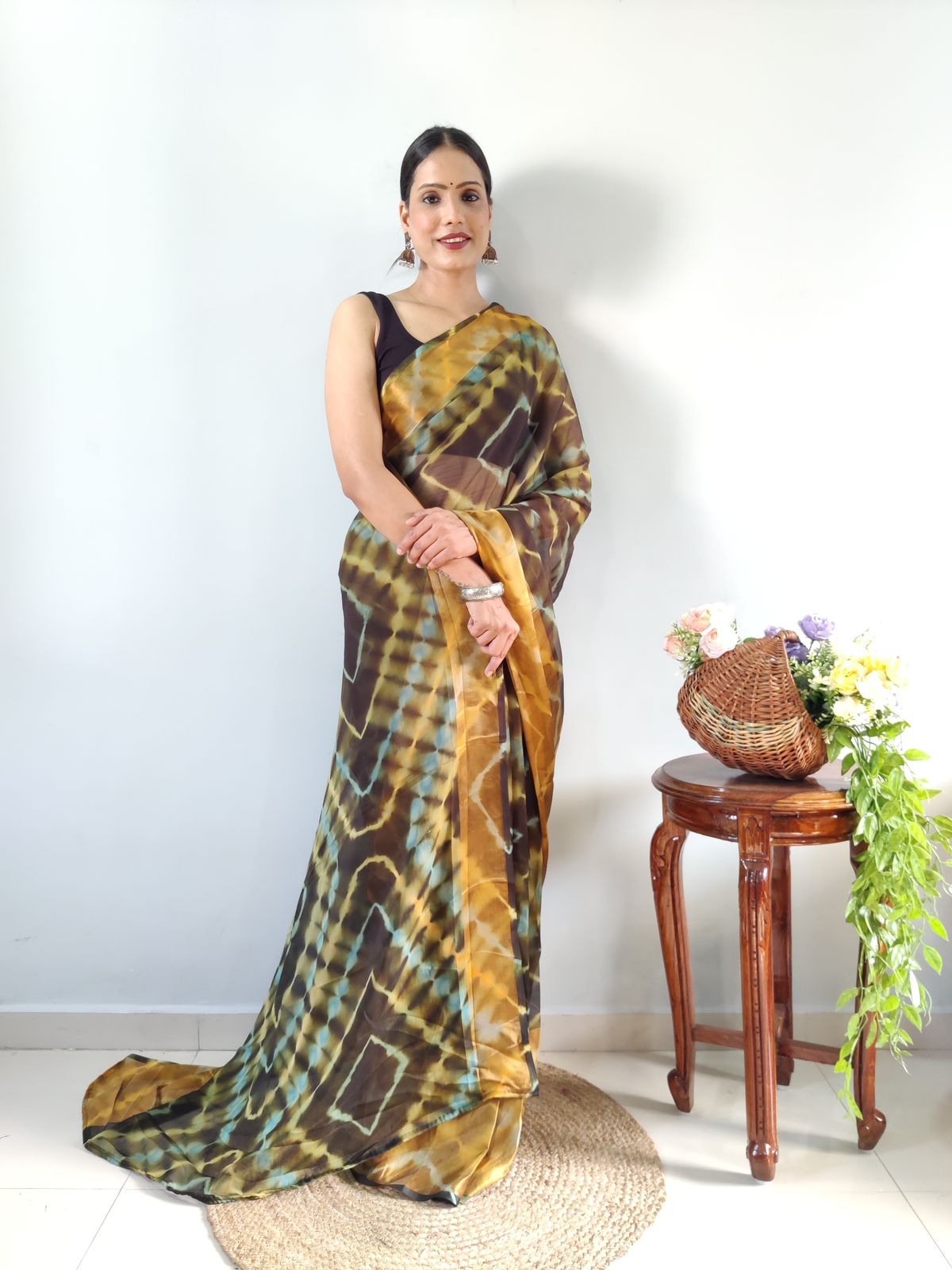 One Minute Ready To Wear Light Brown Printed Saree