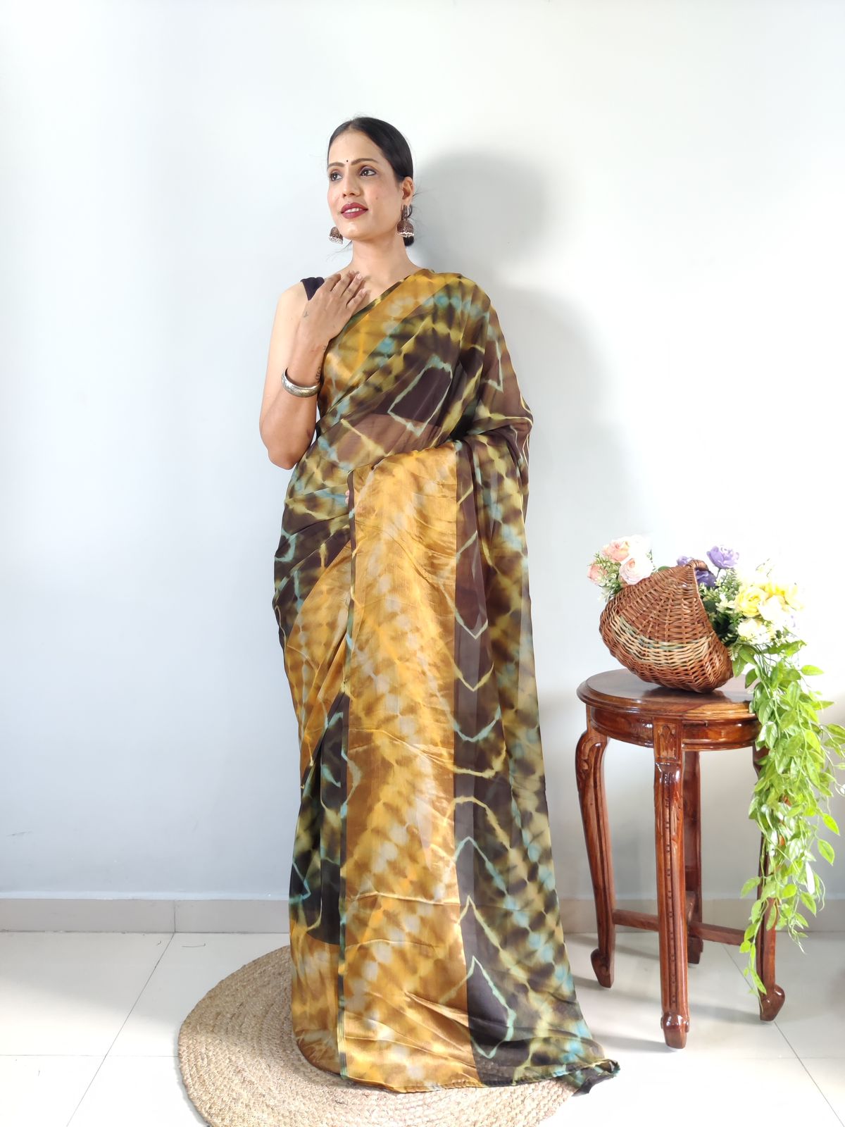 One Minute Ready To Wear Light Brown Printed Saree