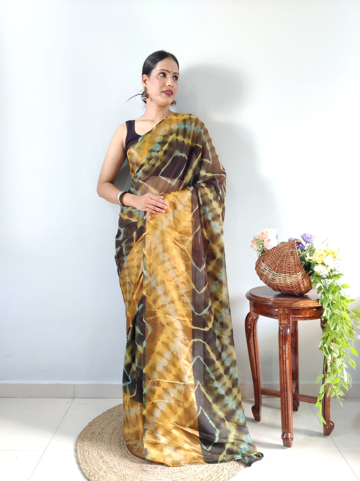 One Minute Ready To Wear Light Brown Printed Saree