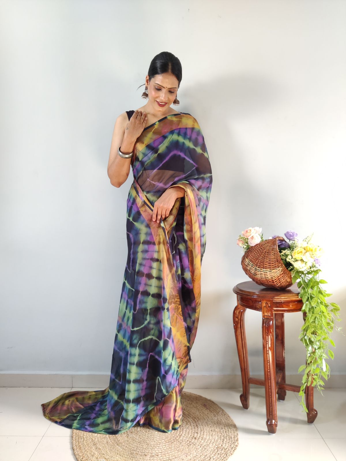 One Minute Ready To Wear Blue Printed Saree