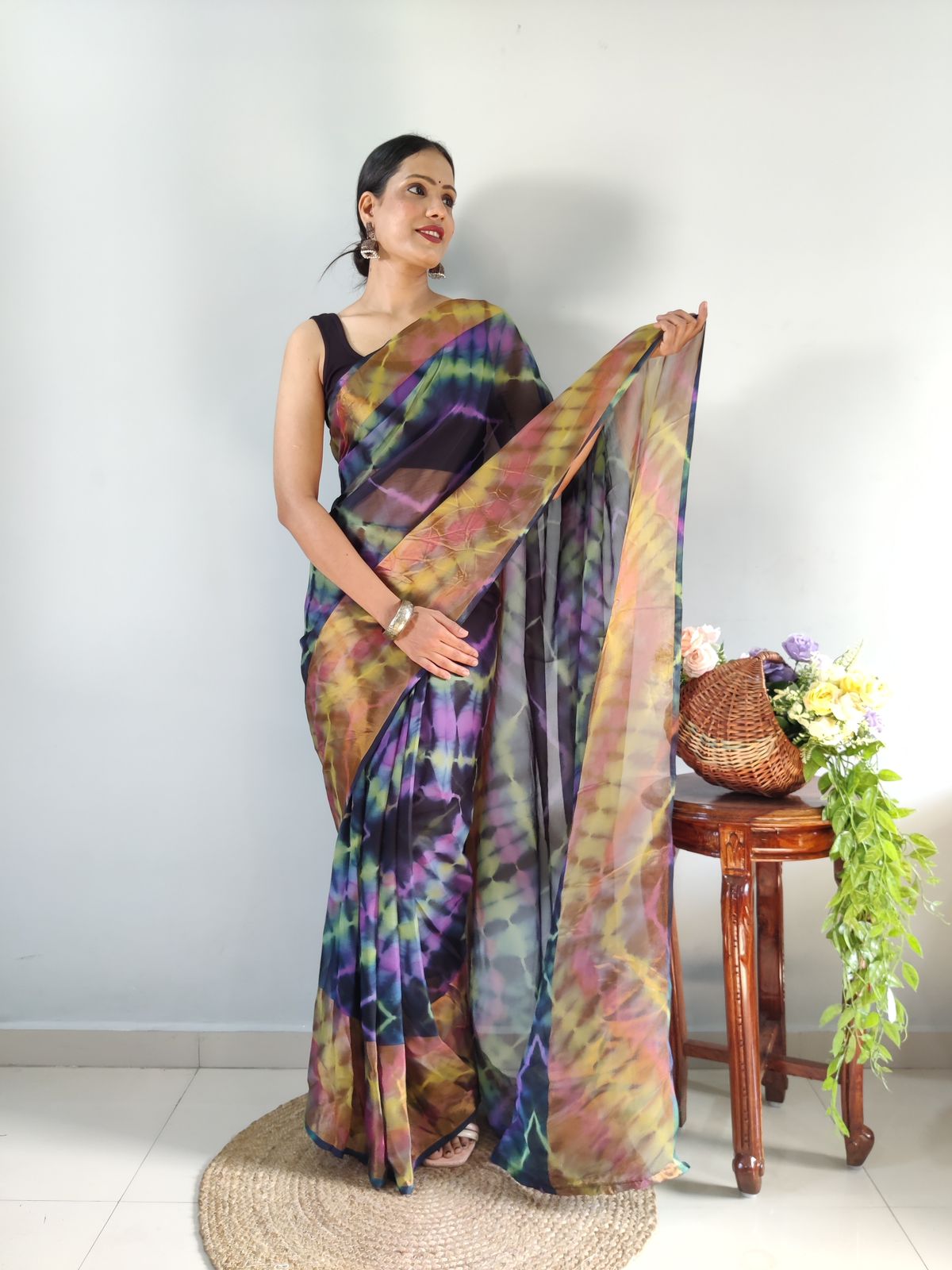 One Minute Ready To Wear Blue Printed Saree