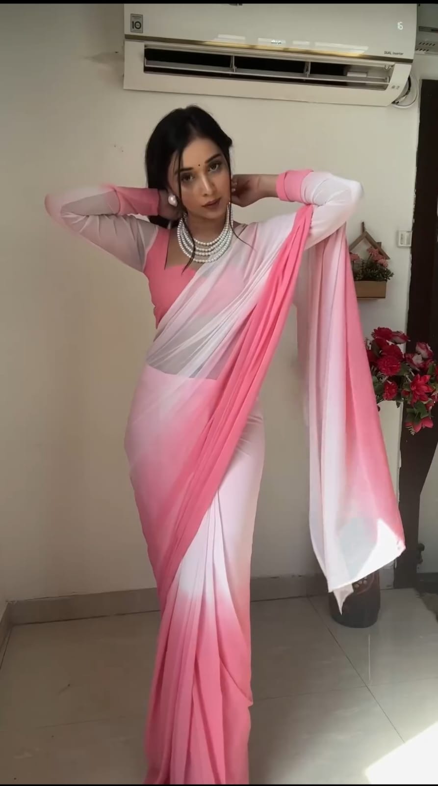 One Minute Ready To Wear Timeless Tradition Pink and White Saree