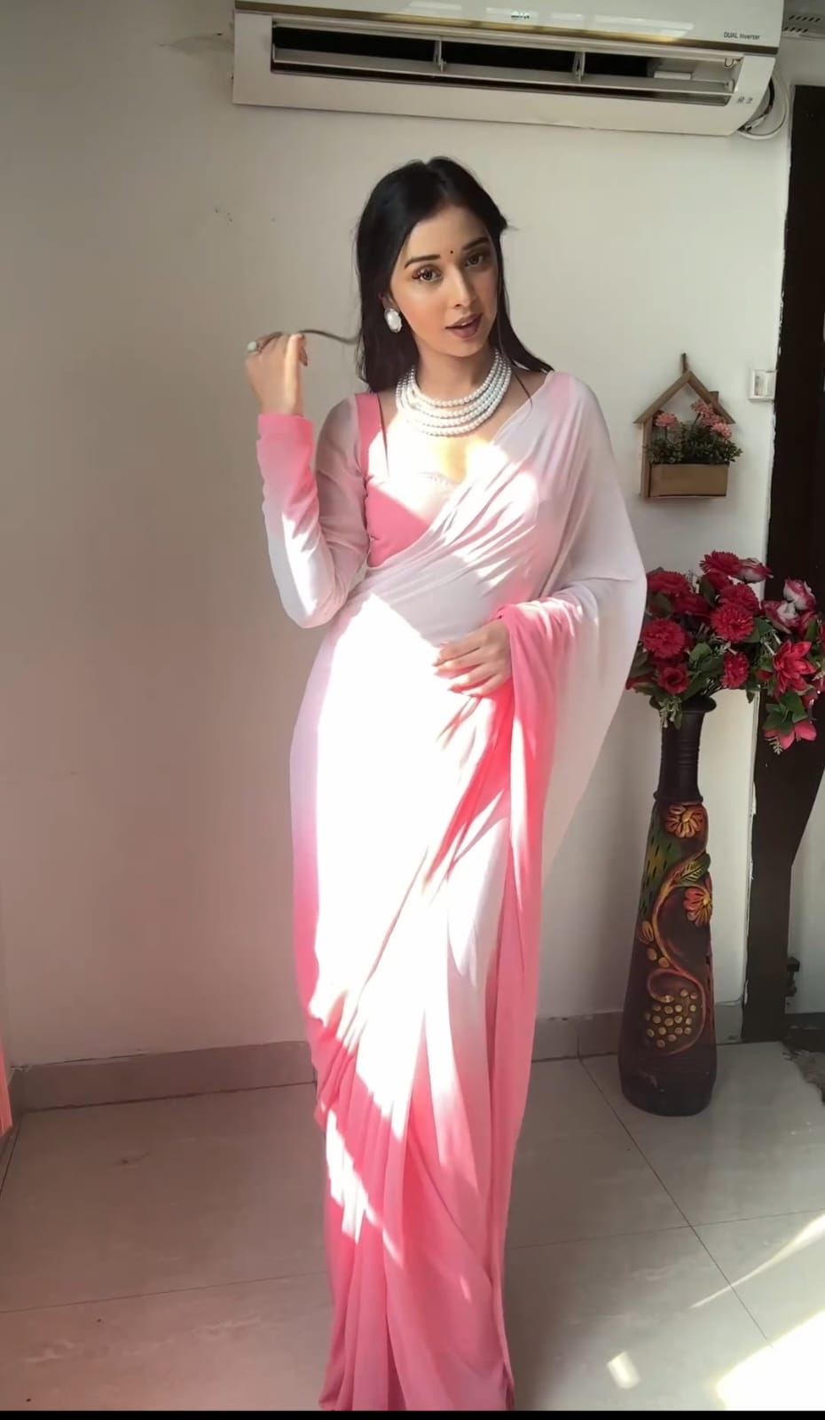 One Minute Ready To Wear Timeless Tradition Pink and White Saree