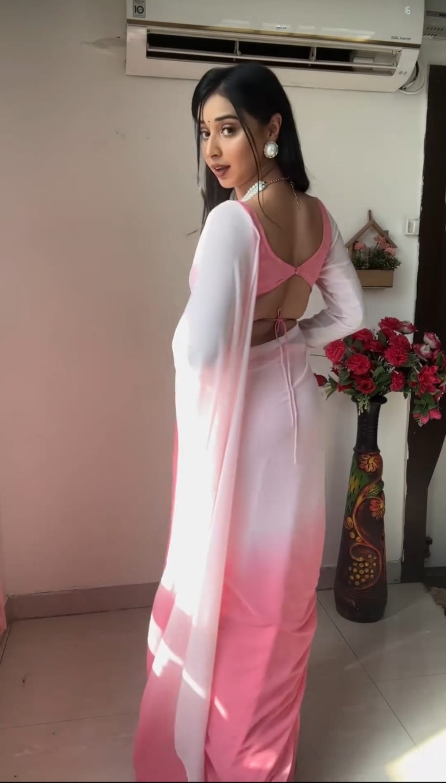 One Minute Ready To Wear Timeless Tradition Pink and White Saree