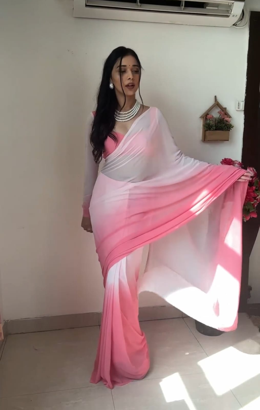 One Minute Ready To Wear Timeless Tradition Pink and White Saree