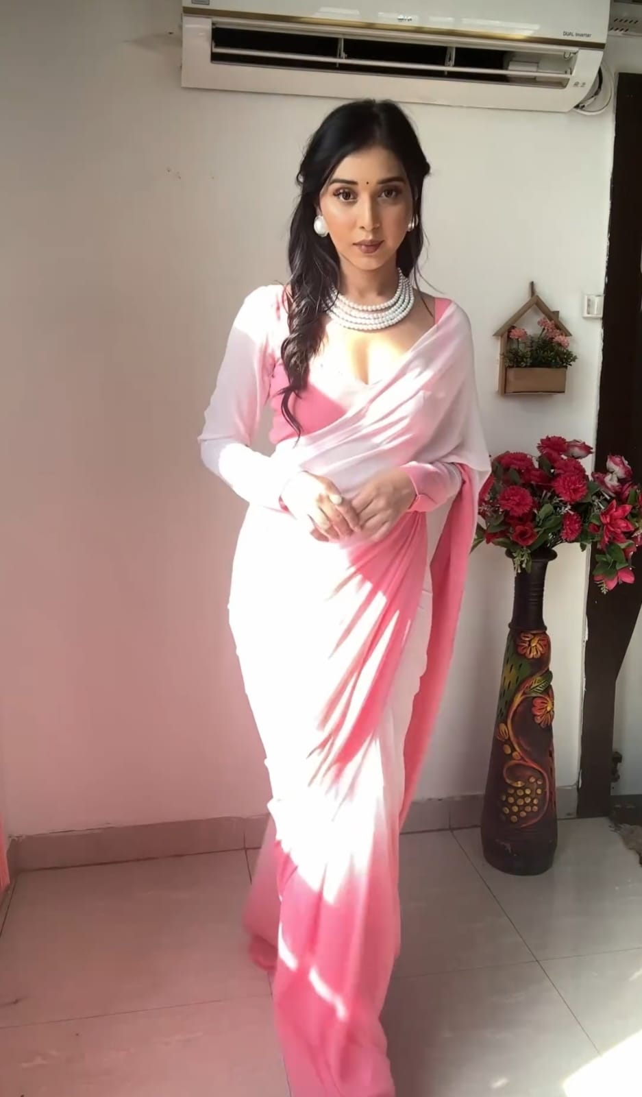 One Minute Ready To Wear Timeless Tradition Pink and White Saree