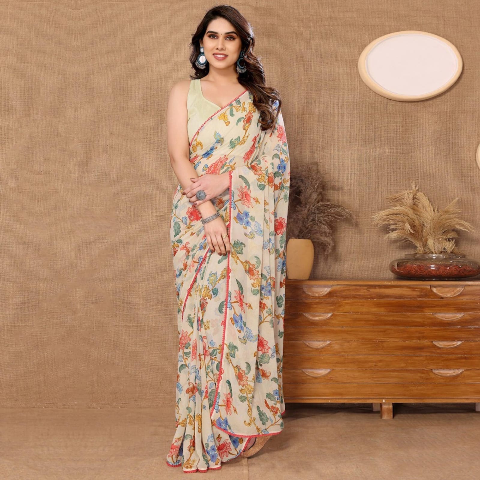 One Minute Ready To Wear Elegant Blossom Beige Saree