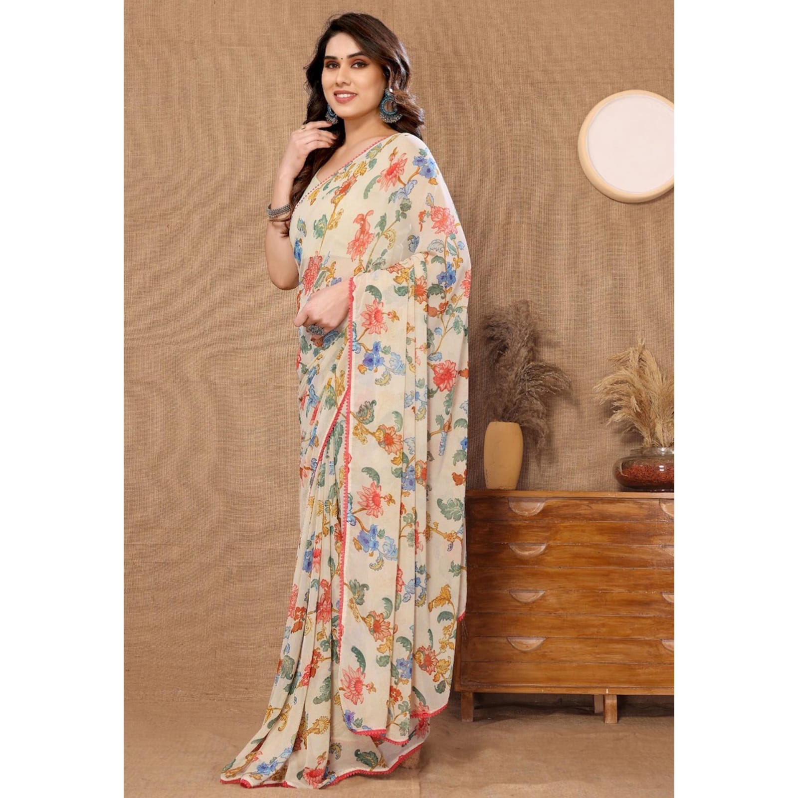 One Minute Ready To Wear Elegant Blossom Beige Saree