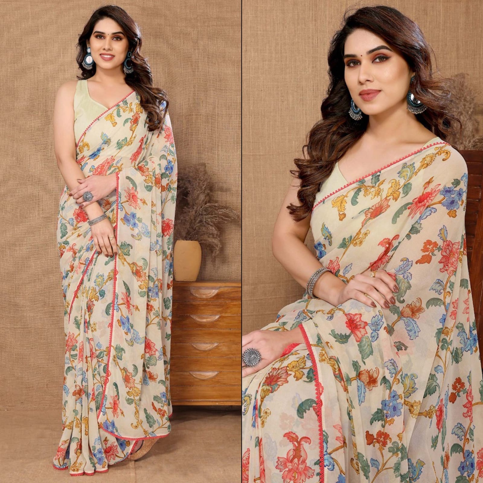 One Minute Ready To Wear Elegant Blossom Beige Saree
