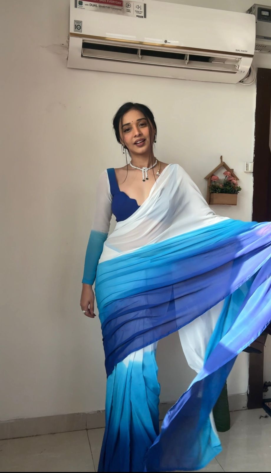 One Minute Ready To Wear Tranquil Beauty Blue and White Saree